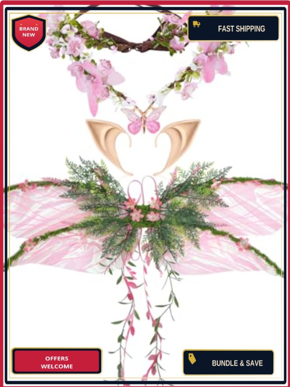 Fairy Wings Set 3 PCS Elf Ears Butterfly Wings Flower Crown Adults Costume